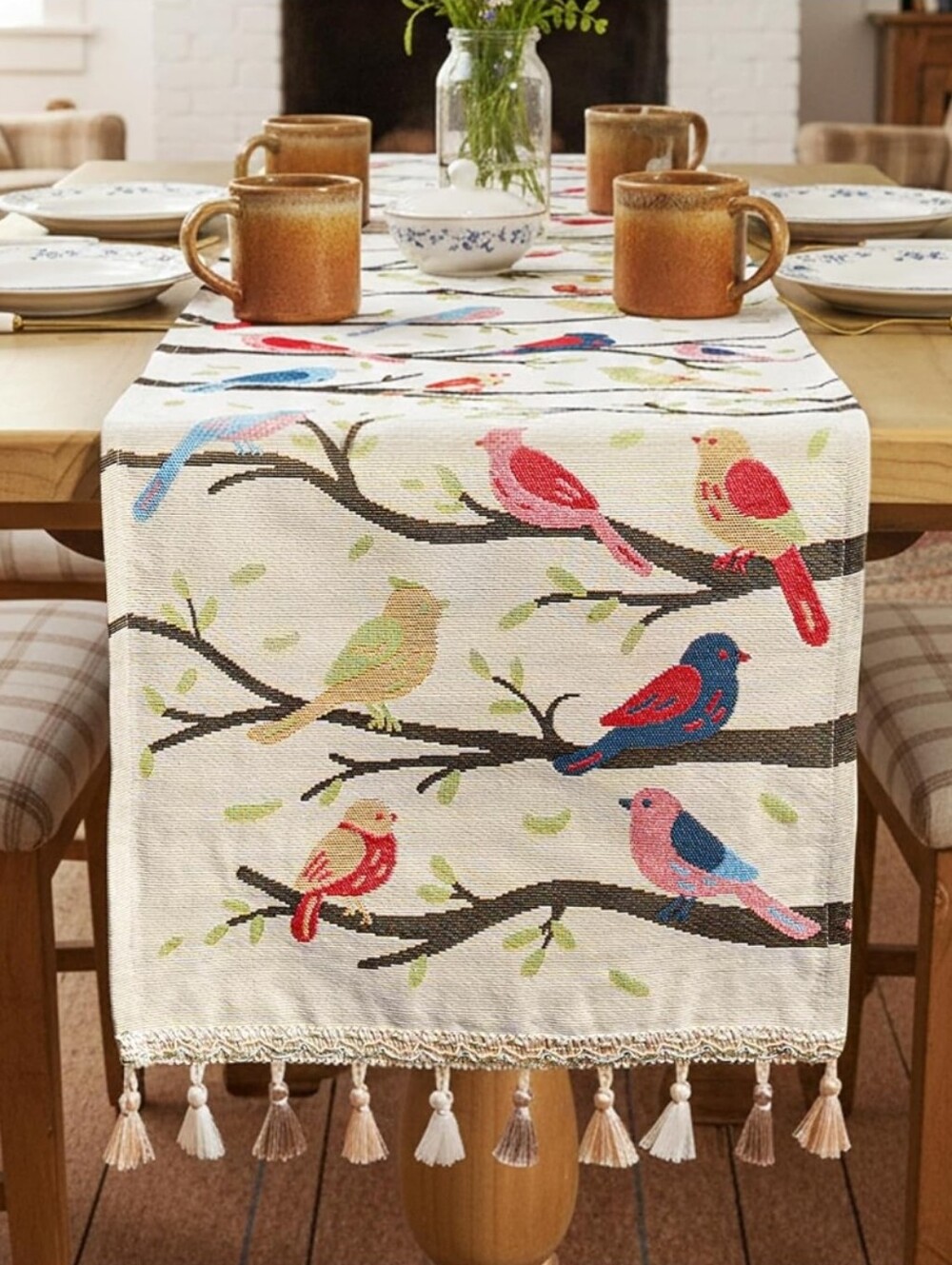 Decorative Bird Print Table Runner with Tassels - Cream Multicolor